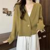 V-neck Fashion Women One Button Cardigan Short Sweater Autumn /Winter Long Sleeve Knitted Jackets Solid Color Elegant Loose Office Basic Casual Coats