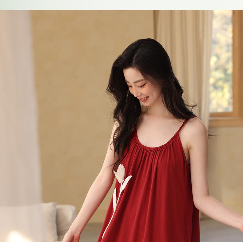 Xuan Liang Bubble Foam Sleeping Skirt Women's Summer Thin Cotton Strap Ultra Long Dress Sexy Pajama Large Red Home Dress