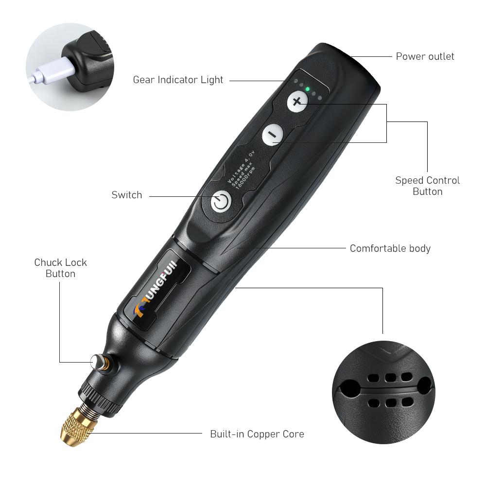 Tungfull Мини Беспроводной Роторный Инструмент 5-скоростная Электрическая Дрель Силовые Роторные Инструменты для Гравировки, Шлифовки, Полировки, Резьбы, Резки