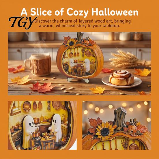 Miniature Scene Halloween Gifts Ghost Pumpkin Tabletop Sign, Wooden House with Mini Tiered Tray Ornaments Scene, Fall Harvest Desktop Ornament