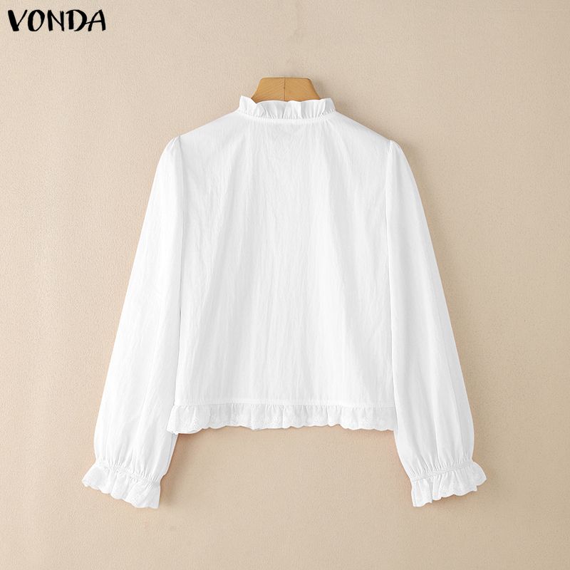 VONDA Women Casual Round Neck Ruffled Lace Hem Loose Long Sleeve Blouse