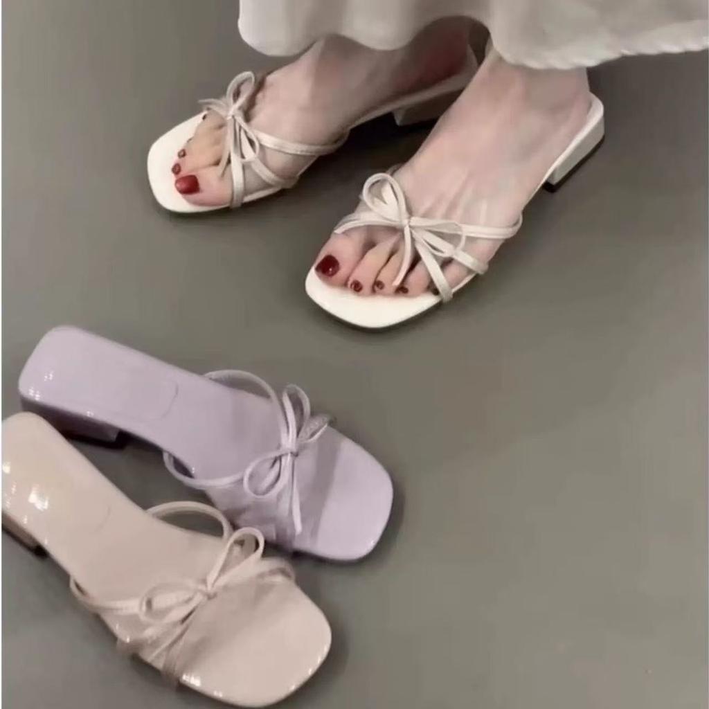 Coarse-heeled sandals for women's summer wear, bow-tie thin strap open-toed low-heeled temperament cool slippers for women's 2025 summer new models