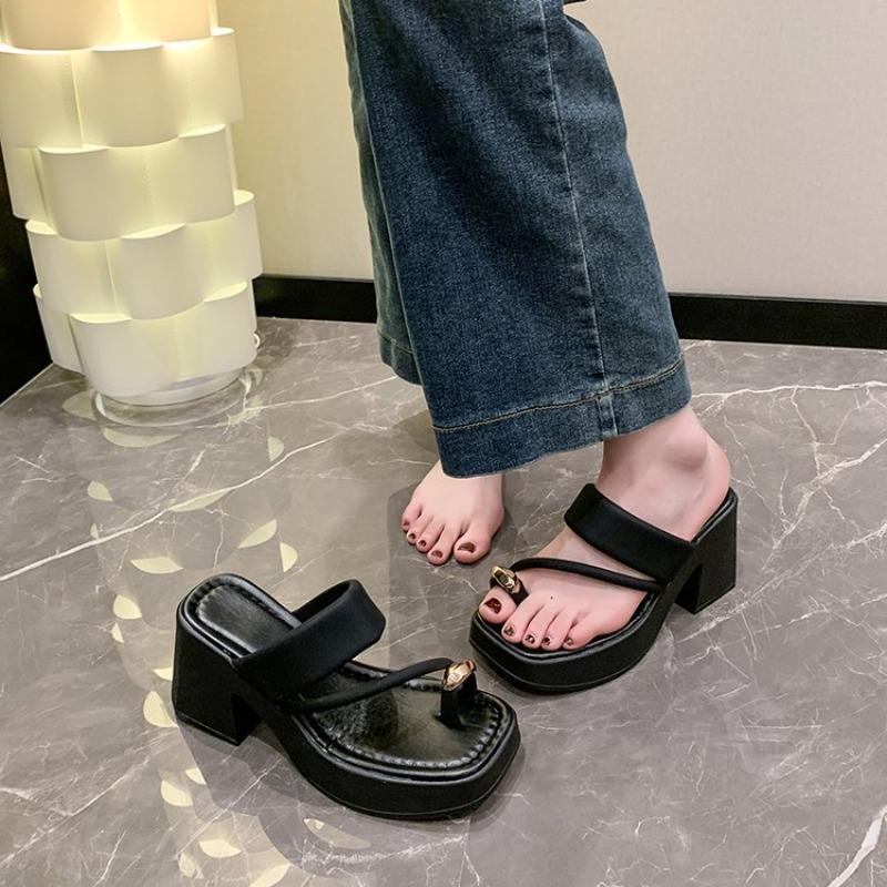 Женские босоножки на высоком каблуке 2025 Лето Новая Мода Универсальный Носок Толстая Подошва Нескользящие Повседневные Высокий Каблук Приливные Пляжные Шлепанцы