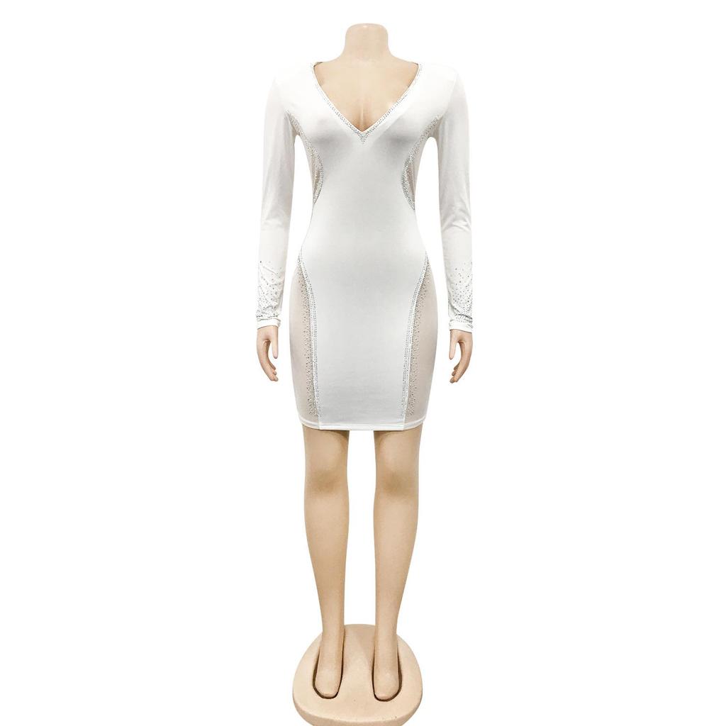 X5337: Sexy Deep V Rhinestone Party Dress with See-through Midi Skirt - European Fashion New Arrival