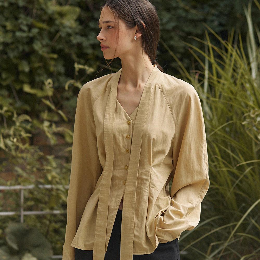 ADAUL Ribbon Tie Pintuck Puff Blouse - Beige