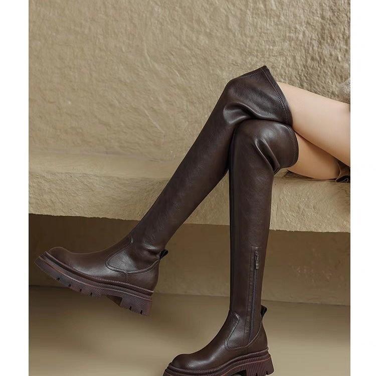 Сапоги выше колена на резинке женские новые модные темпераментные сапоги на толстом каблуке и платформе персонализированные удлиненные сапоги прилив