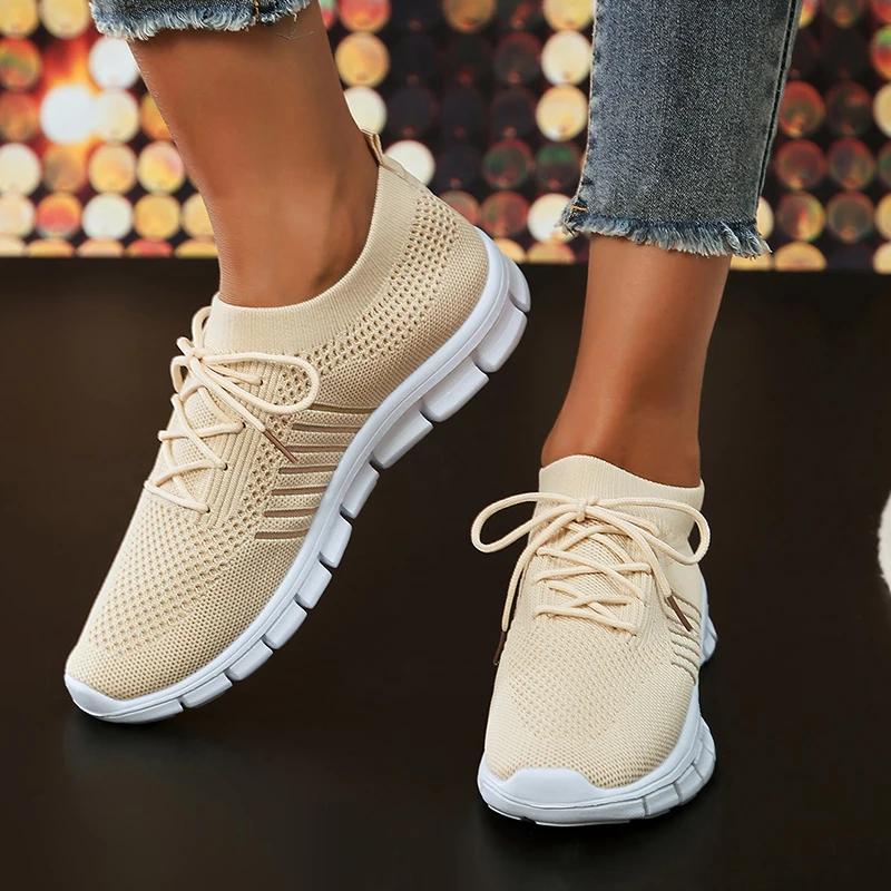 Модные новые женские кроссовки, дышащие, плоские, повседневные туфли, женские, сетчатые, легкие, удобные, на шнуровке, кроссовки, большой размер 43