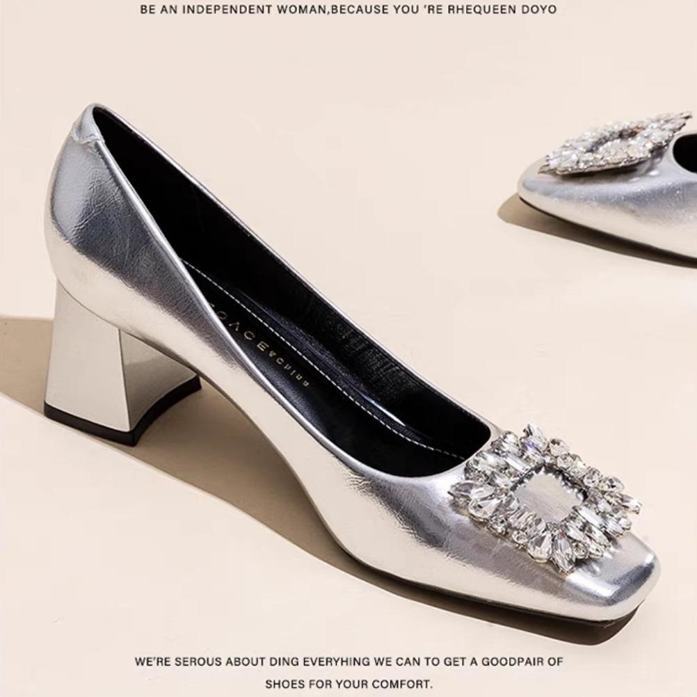 Знаменитые темпераментные серебристые женские туфли на высоком каблуке со стразами и пряжкой, маленькие кожаные туфли Мэри Джейн, весенние и летние туфли