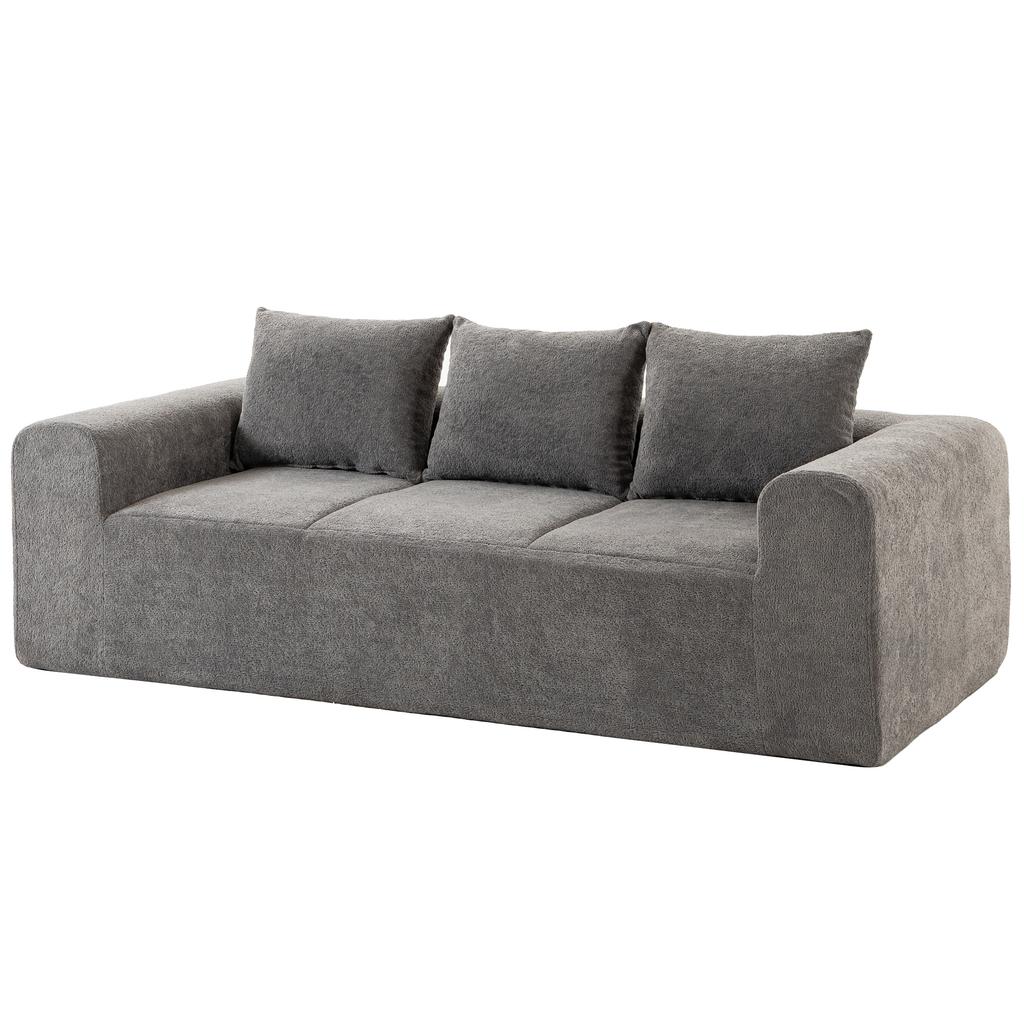 220 Cm Chenille 3 Seater Sofa Modern Living Room Sofa With Wide Seat And Armrests 3 Cushions Gray