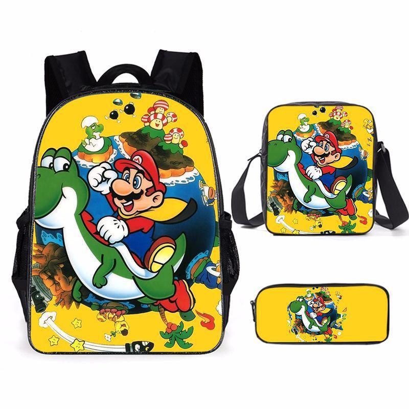 Mario Cartoon Backpack Set 3-in-1 Student Laptop Backpack Shoulder Bag Pencil Case Kids School Bag