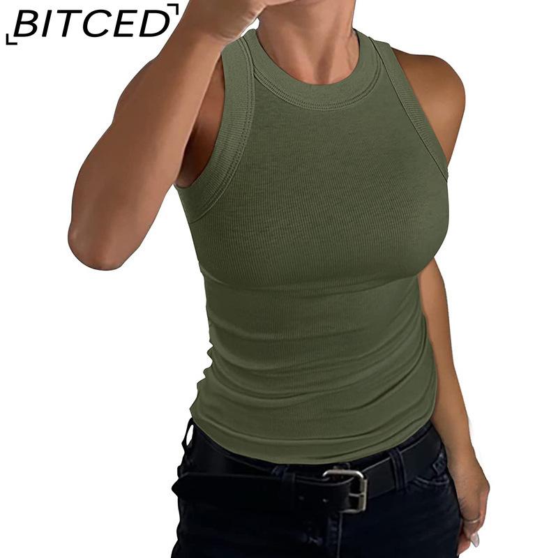 BITCED Летний женский облегающий топ-майка в рубчик с круглым вырезом