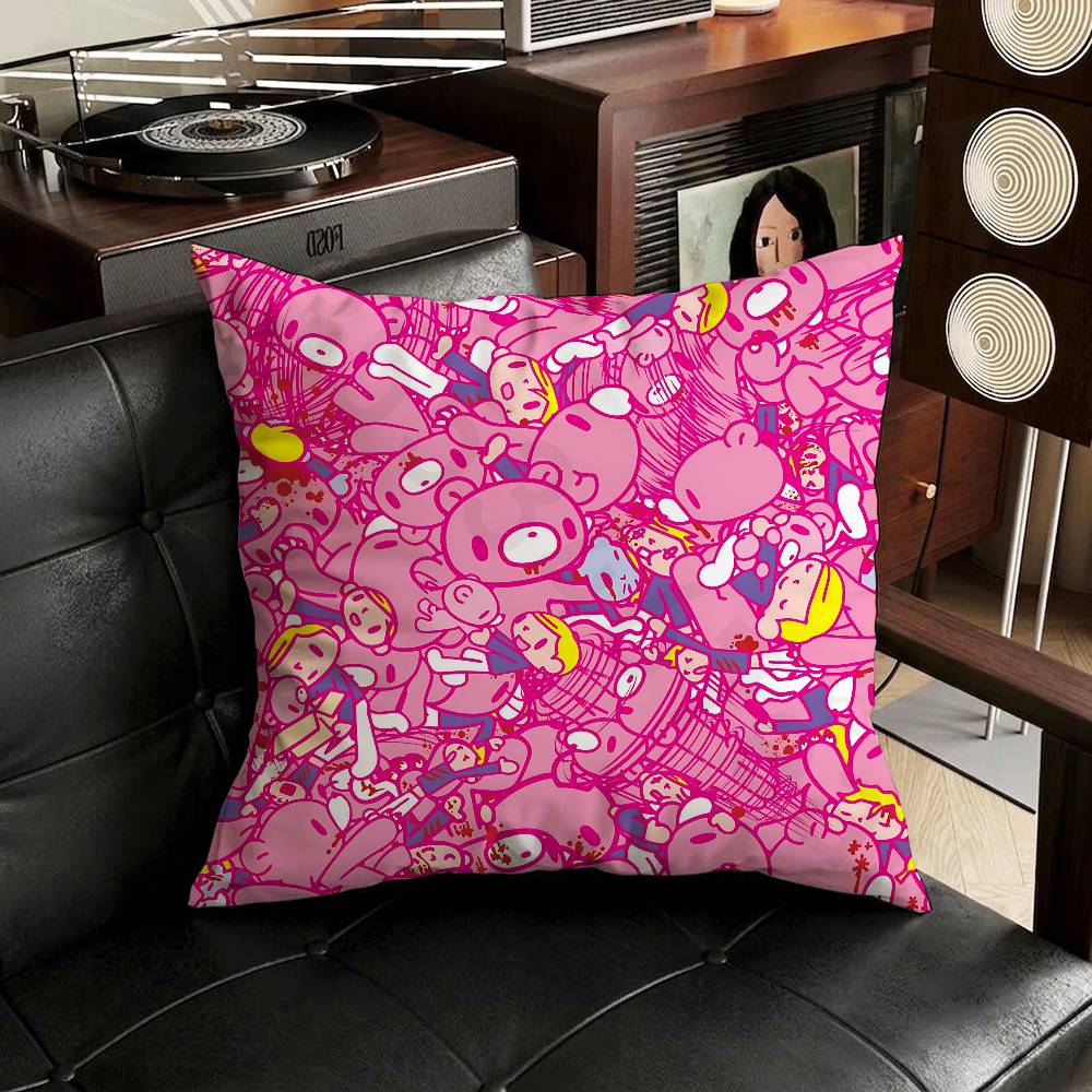 Kawaii GGloomys Pink Bear Pillow Case Square DoubleSided Printing Short Plush Sofa Cushion Cover Bedroom Bedside Pillow