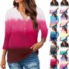Women's Fashionable Casual Gradient Printed V Neck Button 3/4 Sleeve T-shirt Top