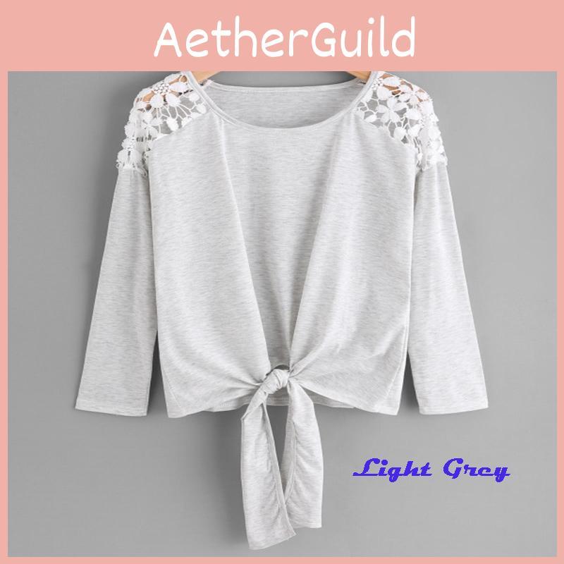 Вневременной дизайн Хлопок и полиэстер Женский топ с кружевной вставкой и круглым вырезом