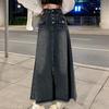 Plus Size High Waist Raw Edge Denim A-Line Skirt for Autumn/Winter - Retro Design