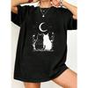 Oversized T Shirt Black Two Cats Under Moon And Stars Print Casual Wear For Women Summer Outfit Streetwear Fashion Top