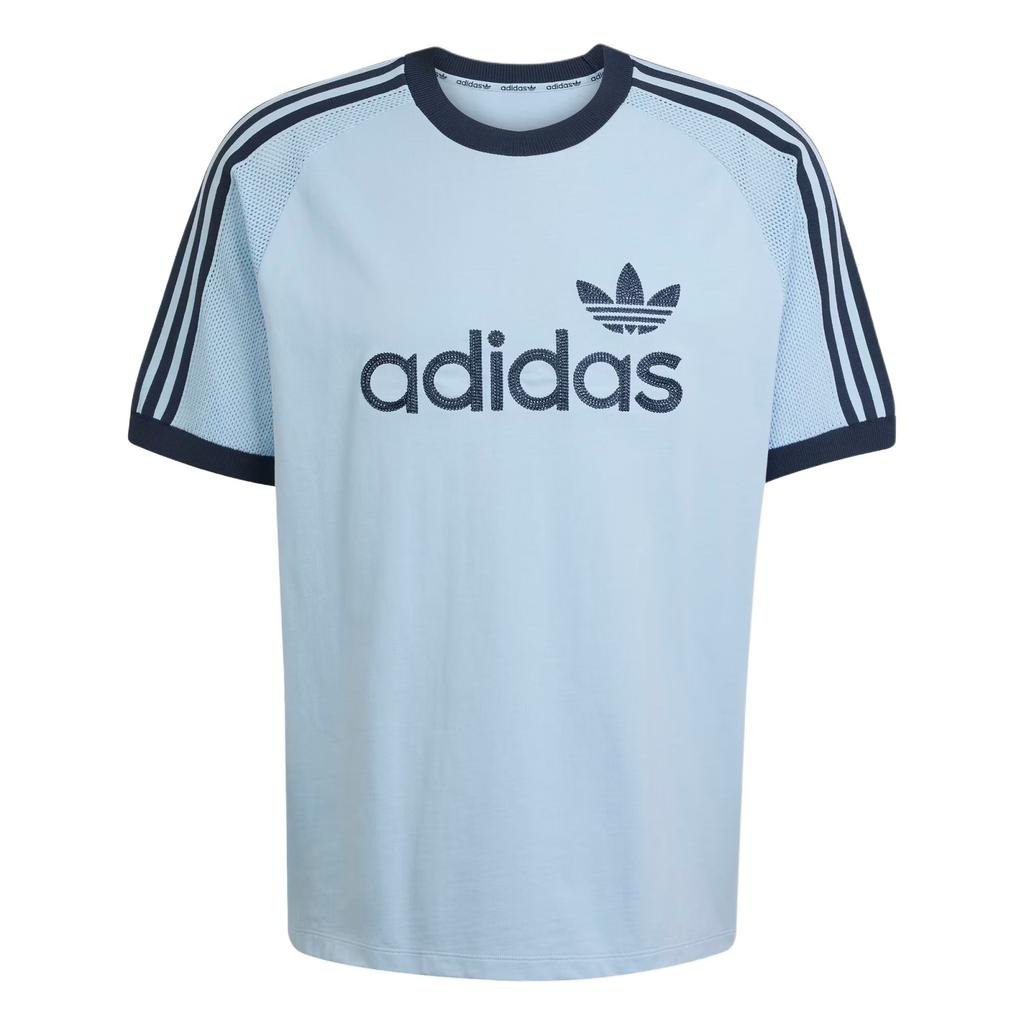 Adidas Оригинальная вязаная футболка премиум-класса свободного кроя в полоску с круглым вырезом, пуловер с коротким рукавом, мужские топы, небесно-голубой JN5557