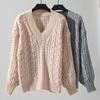 Women's Fall/Winter Knitwear Loose Pullover Vintage Twist V-Neck Long Sleeve Solid Color Sweater