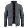 Men Fall Winter Jacket Knit Thickened Crochet Stand Collar Warm Soft Zipper Closure Pockets Long Sleeve Casual Cardigan Sweater Anti-pilling