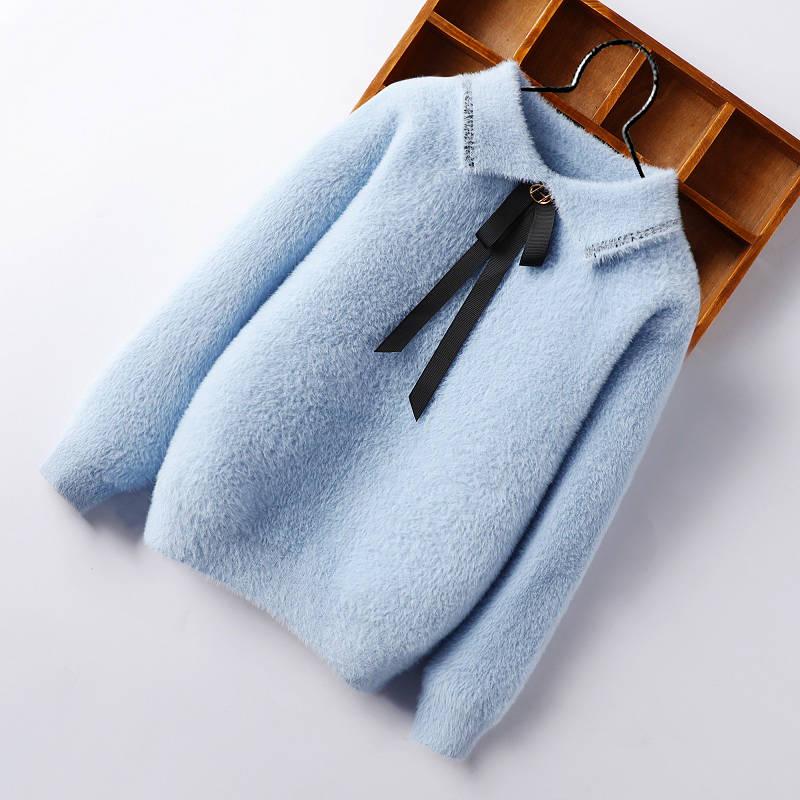 Норковый бархат для девочек, теплые свитера, нижняя рубашка, детская одежда с длинным рукавом, модная стильная одежда, зимняя одежда с галстуком-бабочкой, трикотажные наряды