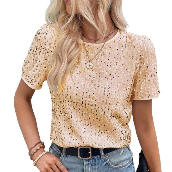 Yousheng женские топы с круглым вырезом и коротким рукавом, блестящие пайетки, украшенные футболки, стандартный крой, повседневная одежда