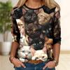 Tops For Women Cat Splicing Print Round Neck Long Sleeve T-shirt Fall Casual Slim Pullover Women's Long Sleeve Top