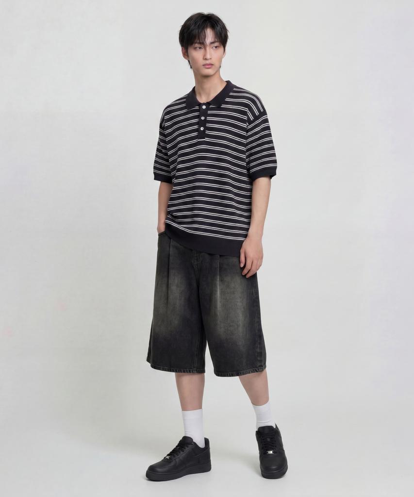 AGOD One-Pleat Wide Slub Washed Denim Bermuda Shorts [Dust Black]
