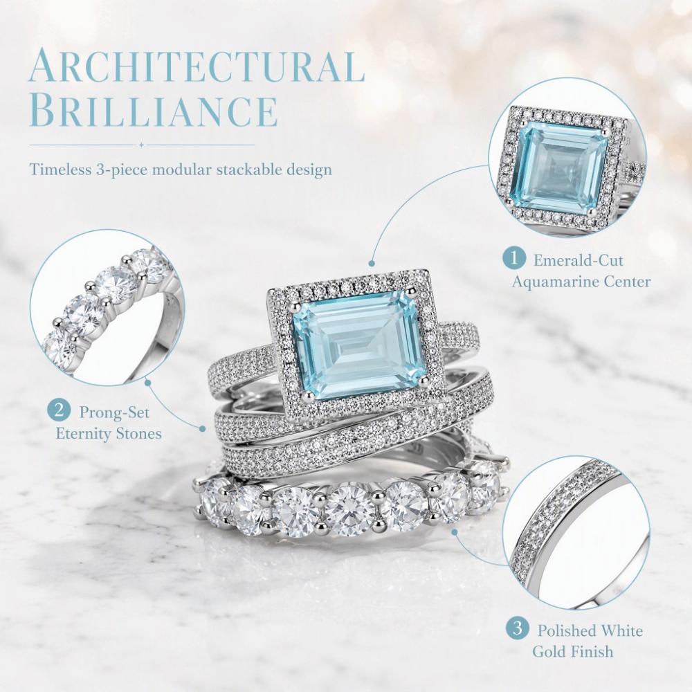 European Style Stackable Ring Set Large Rectangular Stone Jewelry Gift Wedding Occasion