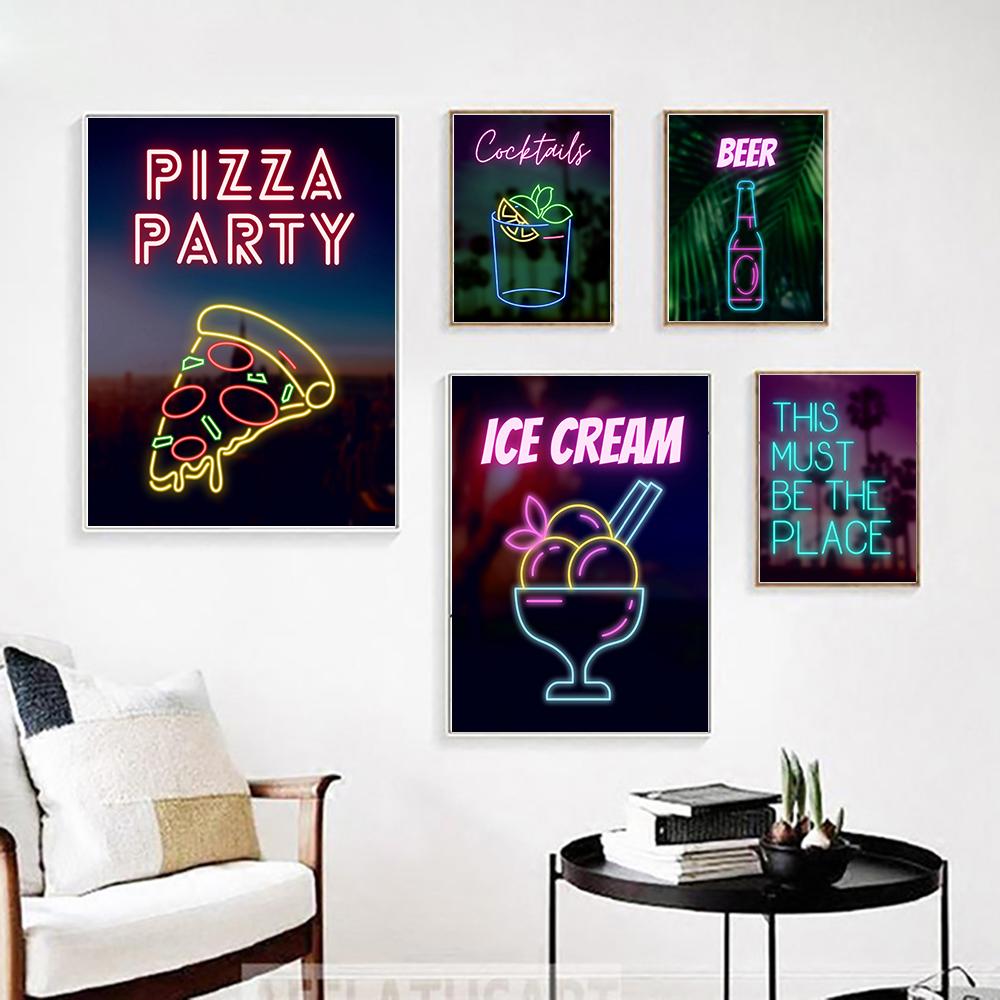 Пиво, Коктейль, Пицца, Вечеринка с Мороженым, Неоновые Принты, Тенденции В Настенном Искусстве, Плакаты, Украшение Общежития Колледжа