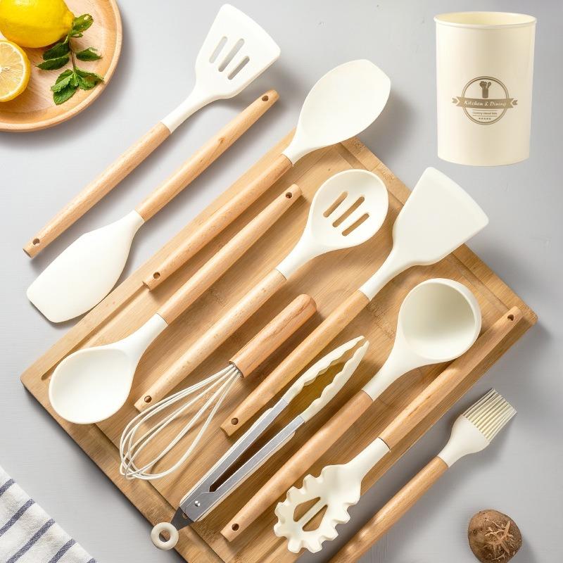 Khaki Kitchen Tools 12 Piece Silicone Spatula with Storage Bucket Wooden Handle Silicone Kitchen Set Cooking Kitchen Accessories
