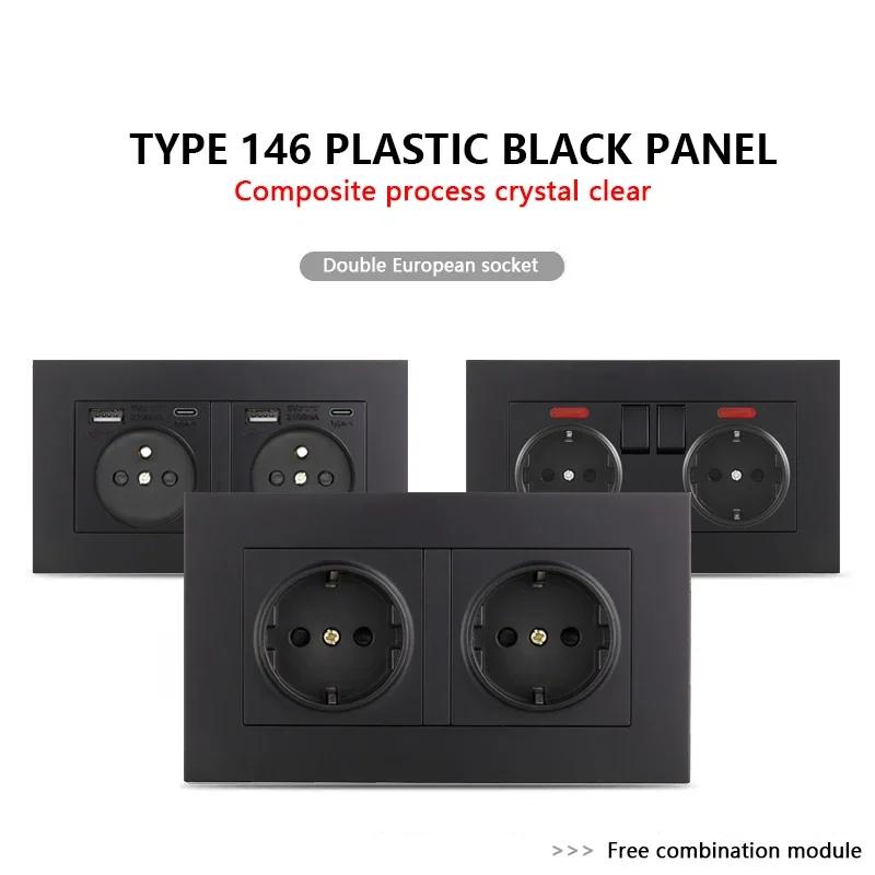 EU Standard USB Socket TypeC Charging Port Outlet,France with Socket with Switch, 16A Double Frame Wall USB Power AC 110-250V