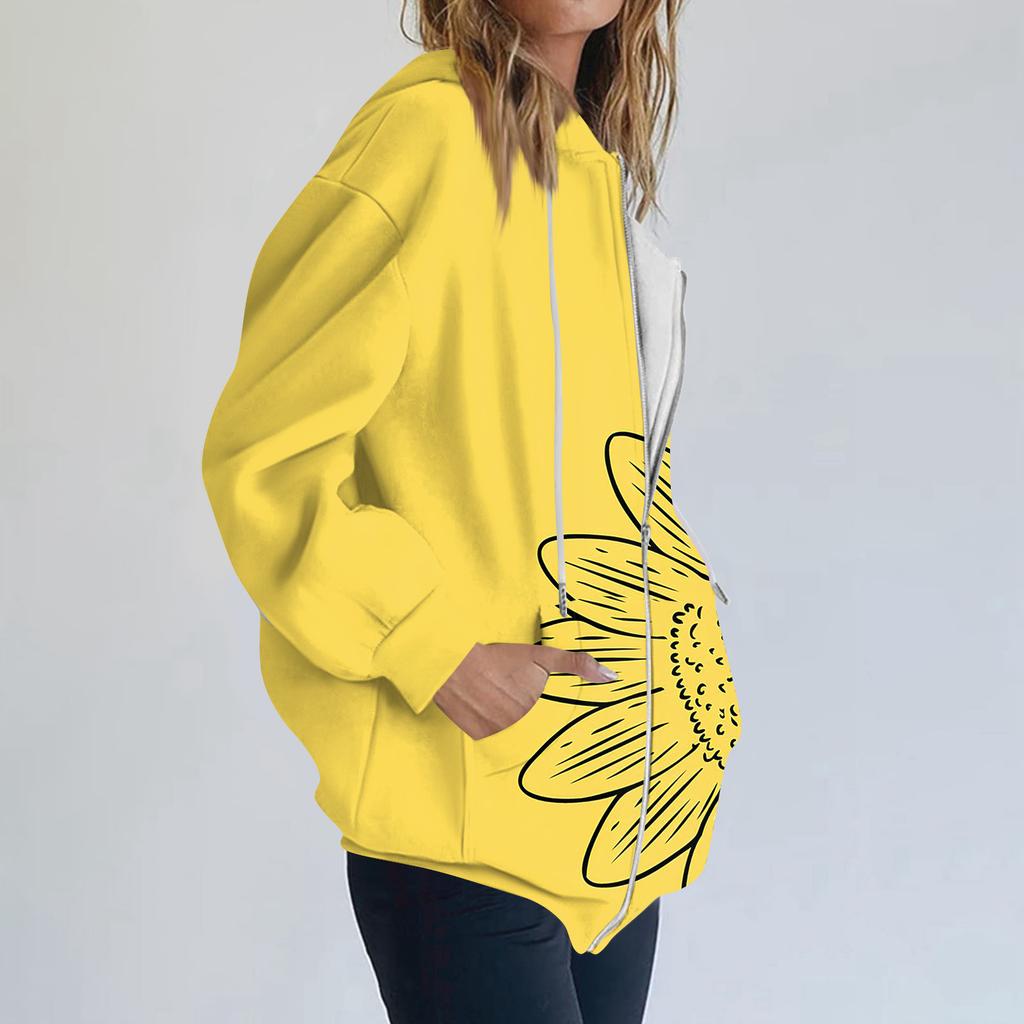 Women's Long Sleeve Print Sweatshirt Long Sleeve Pocket Jacket Zipper Hoodie Coat