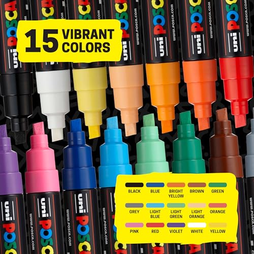 Mitsubishi Pencil Posca Water-Based Pen, Broad Point, Square Tip, 15 Colors, PC8K15C