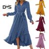 Women Spring Fall Dress Dot Applique Solid Color V Neck Belted Tight High Waist A Line Irregular Ruffle Hem Bohemian Flowy Wedding Party Maxi Dress