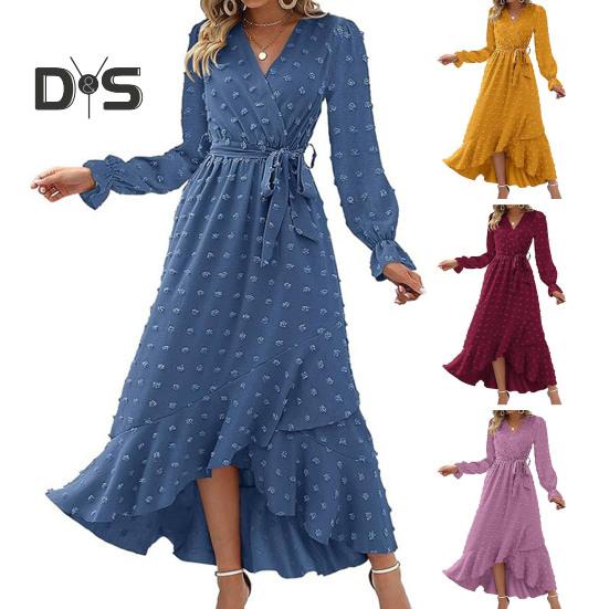 Women Spring Fall Dress Dot Applique Solid Color V Neck Belted Tight High Waist A Line Irregular Ruffle Hem Bohemian Flowy Wedding Party Maxi Dress