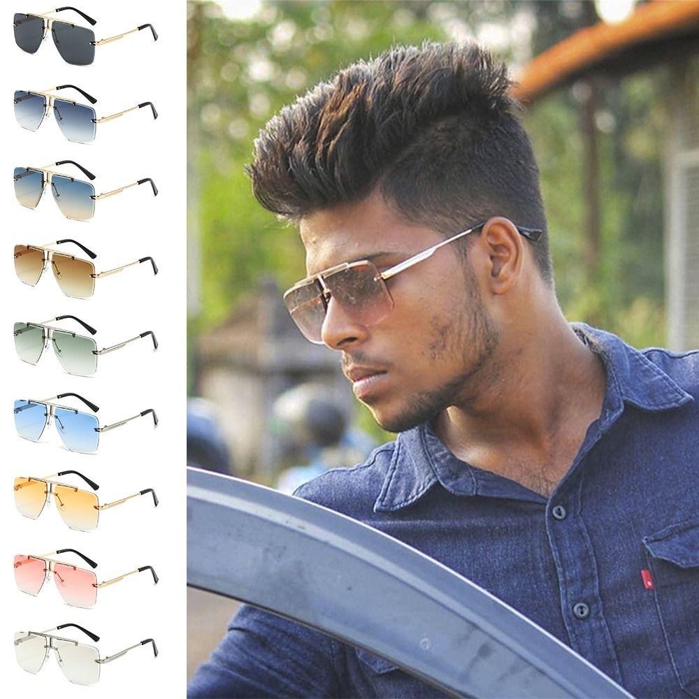 Oversized Double Bridge Frameless Sunglasses Vintage Square Frame Men's Shades Outdoor Gradient Lens UV Protection Sun Glasses