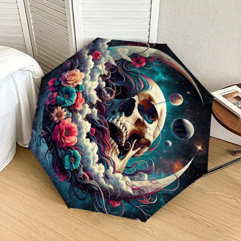 1pc Floral Cosmic Skull Yin-Yang Umbrella with Plastic Handle,Suitable for All Seasons Home Travel Outdoor UmbrellaDD1570