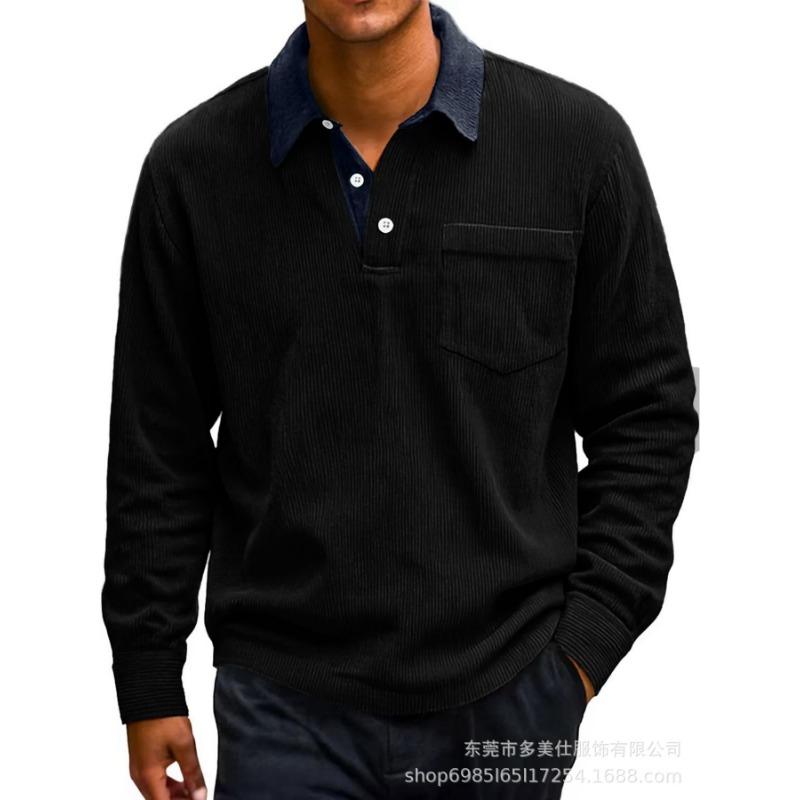 Осень и Зима Новая Мужская Ретро Вельветовая Рубашка Поло с Карманами на Пуговицах, Цветной Блок, Повседневная, С Отложным Воротником, С Длинным Рукавом для Мужчин