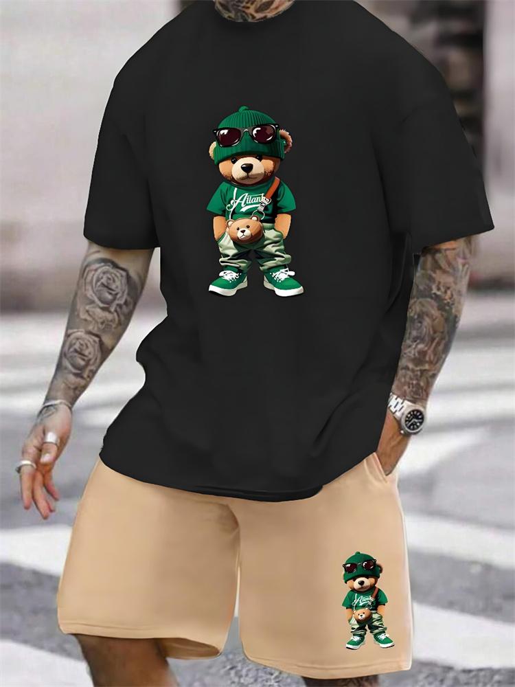 2024 New 3D Cartoon Bear Print Men's Set Summer Casual Everyday Men's Short-sleeved T-shirt Outdoor Street Fashion Beach Shorts
