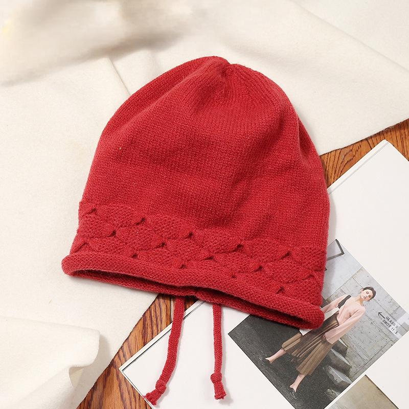 Rawstring Detail Stretchy Slouchy Beanie Hat, Unisex Solid Color Soft Adjustable Winter Knitted Skull Cap