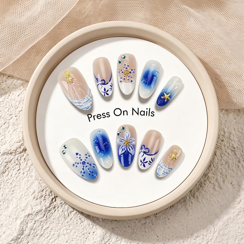 Wearing Nails Blue Flower Gradient European And American Hot Girl Manicure Fake Nails Y2K