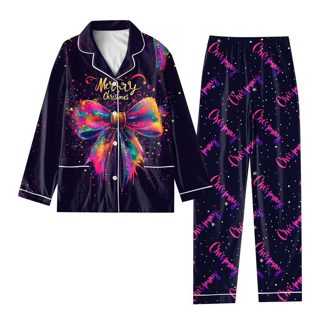 Child 2 Piece Christmas Day Printed Suit Long Sleeve Button Up Top Wide Leg Pants Suit Set Pajamas Home Casual Suit