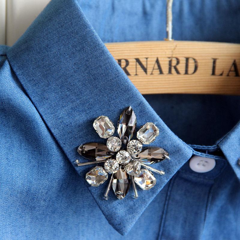 Весенняя мода универсальная джинсовая рубашка с накладным воротником женская стразы накладной воротник рубашка воротник свитер украшение