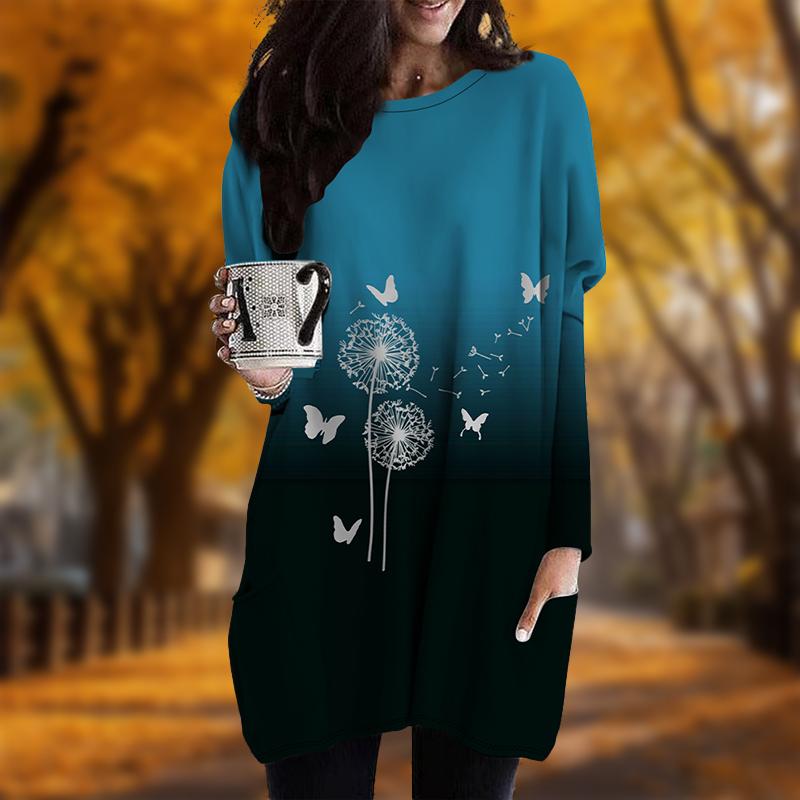 Новинка осени с принтом бабочек и одуванчиков. Платье больших размеров для женщин с круглым вырезом и длинными рукавами. Повседневные платья с карманами.