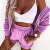 Women Solid Color Long Sleeve V-Neck Hoodies Suit Autumn Winter Loose Top Wide Leg Short Pants