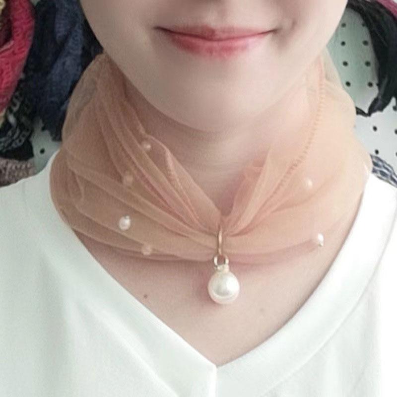 Женский шифоновый воротник с тонким воротником на шею, сетчатый шарф с искусственным жемчугом, маленький шелковый шарф с защитой от УФ-лучей