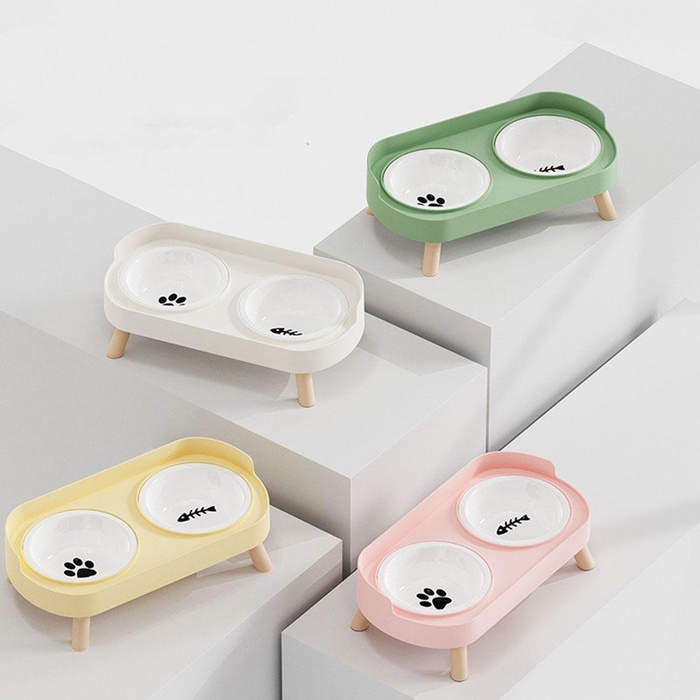Практичная керамическая двойная миска для кошек, защита шеи, непроливающаяся, миски для воды для кошек, противоскользящая с подставкой, кормушка для домашних животных для дома