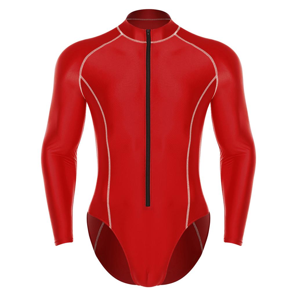 Мужской блестящий боди с воротником-стойкой, длинным рукавом, передней молнией, леотард, комбинезон, защита от солнца, пляжный, для серфинга, купальник