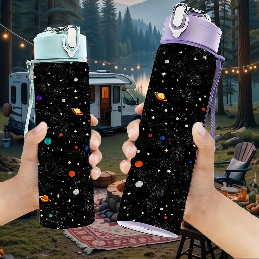1PC Dark Sparkle Star Galaxy Print 750ml Color Plastic Sports Water Bottle Leakproof Flip Straw Lid Suitable for Sports Office Home Use