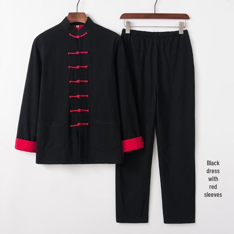 Men's Double-Layer Cotton Linen Tang Suit Set for Autumn/Winter: Zen Meditation & Tea Wear